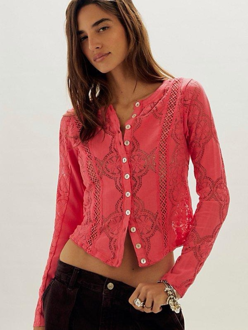 Free people Jae Sheer Lace Knit Long Sleeve Top - coral